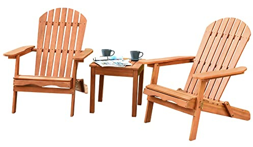 GIANTEX Dubbel Adirondack-stol med bord, Adirondack-stol vikbar, träträdgårdsfåtölj set om 2, utomhus trädgårdsstol med ryggstöd och armstöd, trädgårdsmöbler, balkongstol kan belastas upp till 180 kg