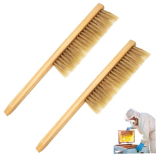2Pcs Bee Brush, Natural Horsehair Bee Keepers Brush with Wooden Handle Double Row Beekeeping Bristle Beehive Tool