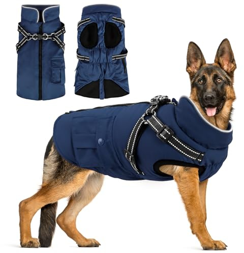Woiil Hundemantel Hundejacke Wintermantel für Grosse Hunde, Hundemantel Winter mit Geschirr, Hunde Wintermantel Ärmellose Baumwolle Gepolsterte Weste Wasserdicht Warme Reflektierend, Navyblau 3XL