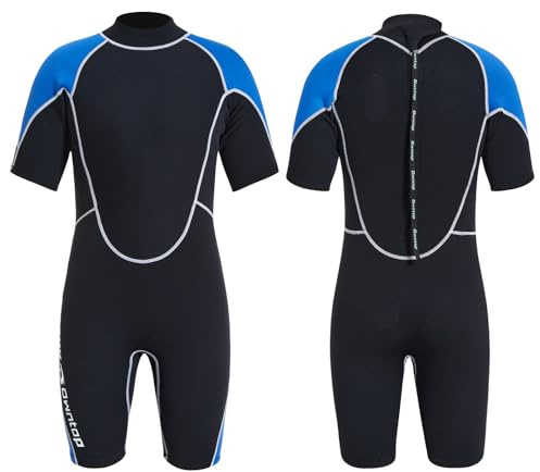 Owntop 1,5 mm Shorty våtdräkt kvinnor män kort – dragkedja baktill wetsuit för dykning surfing, kortärmad dykdräkter stretch neopren för vattensport, herr blå 3XL