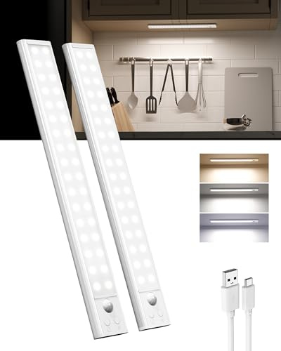 EZVALO 30cm Schrankbeleuchtung LED mit Bewegungsmelder & Schrankleuchte - Kabellose Unterbauleuchte mit 3 Farbmodi & dimmbar, USB-Akku für Küche, Kleiderschrank & Treppe - 2er Set