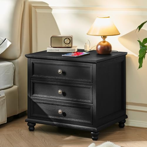 Joaxswe Farmhouse Nightstand with Charging Station, 24 Wide End Table with 3 Drawers,Wood Dresser Cabinet for Bedroom, Bed Side Table Chest of Drawers,Night Stand for Living Room, Closet,Black