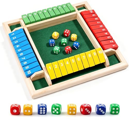 CHUANFU Shut The Box, träbrädspel för 4 spelare med 8 tärningar, klassiskt tärningsspel, reseleksaker, matematisk logisk träning för barn, föräldrar, barn fest (flerfärgad)
