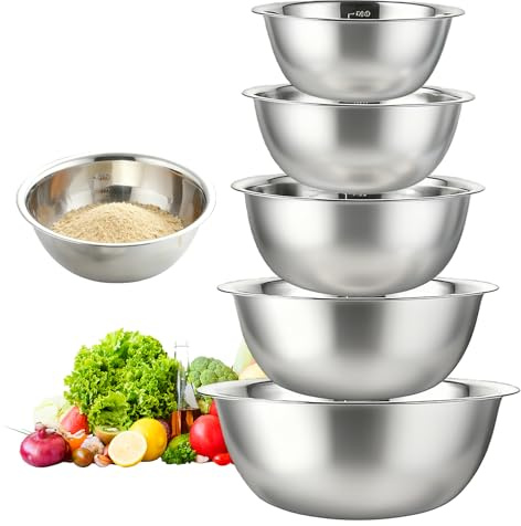 Lot De 5 Bols Mélangeurs En Acier Inoxydable, Bols En Acier Inoxydable, Bol À Mélanger, 0.5l/0.9l/1.6l/2.05l/2.6l, Bols En Acier Inoxydable Pour Les Trempettes,Collations,Muesli,Desserts,Soupes
