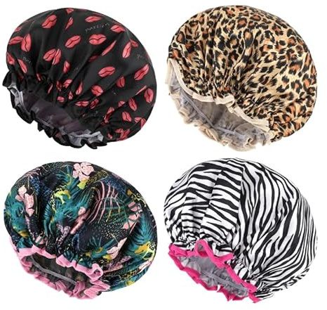 Aurafly 4 PCS Gorro Ducha Mujer, Gorros de Ducha de Doble Capa, Elásticos y Reutilizables, Impermeables con Volantes para Cubrir las Orejas, Reutilizables Gorro de Baño para Hoteles, Spas de Viaje
