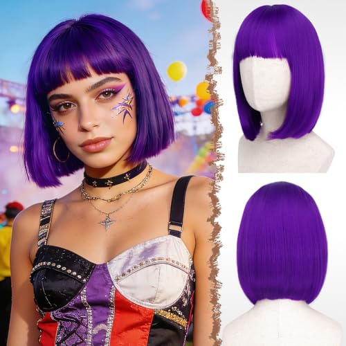 FESHFEN Púrpura Corta Bob Pelucas con Flequillo, 30 cm Vistoso Bob Corto de Neón Sintética Peluca para Mujer Festivo Fiesta Disfraz Diario Cosplay Wear Carnaval Purple