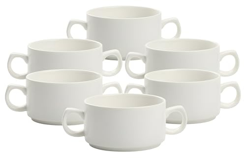 Festa Italia 6 x Suppenschalen aus Keramik - 300 ml - Weiß Suppenschüssel mit Griffen Set von 6 - Suppenschüsseln für Suppe, Müsli, Ramen - Suppenteller - Suppentassen - Müslischalen