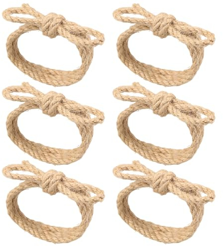 6 Pcs Jute Rope Bow Napkin Ring Set Handmade Napkin Ring Holders Natural Burlap Napkins Buckle Farmhouse Serviette Rings for Table Decoration Valentine Day Thanksgiving Anniversary Dinners