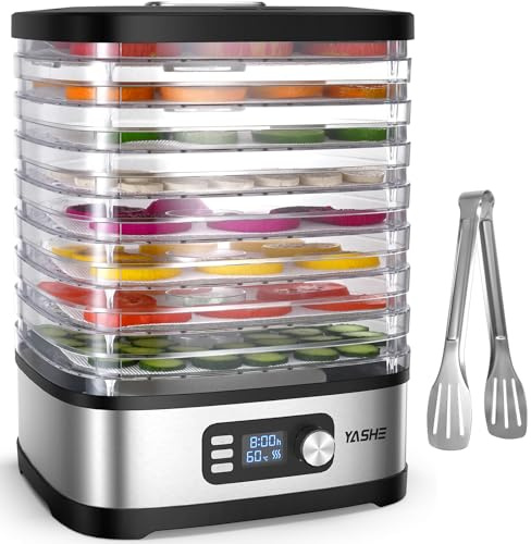 YASHE Deshidratador de Alimentos 8 Bandejas, Temporizador Digital y Control de Temperatura, Bandejas Sin BPA, Hojas de Malla y Rollos de Fruta, Pinzas de Acero Inoxidable, Para Jerky, Frutas, Verduras