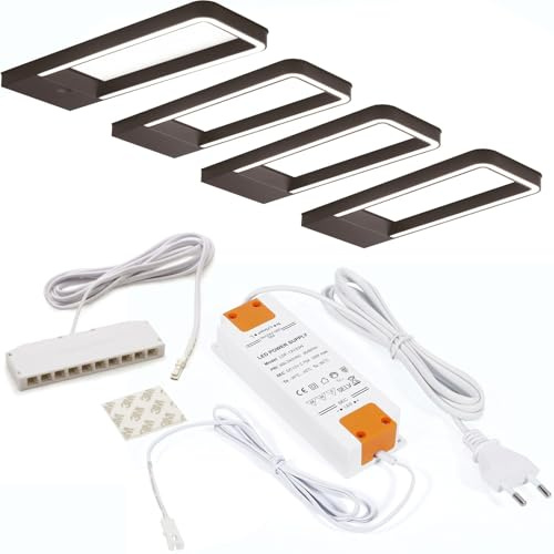 SOTECH 4er Set LED Möbelleuchte Domus Line SOTTI 3000K warmweiß | 1 x mit/3 x ohne Sensor inkl. Trafo & Verteiler schwarz 12V 5W Unterbauleuchte Schrankleuchte Vitrinenbeleuchtung