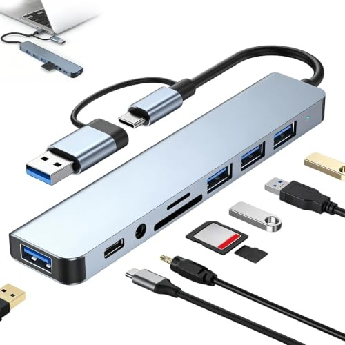 USB C Hub 8 In 1 Multiport Adapter for Macbook Pro/Air M1 M2 Ipad Laptop | Docking Station, 4 USB 3.0/2.0 Ports, 3.5mm Audio Jack, Type C Data Port, SD/TF Card Reader, 100W PD