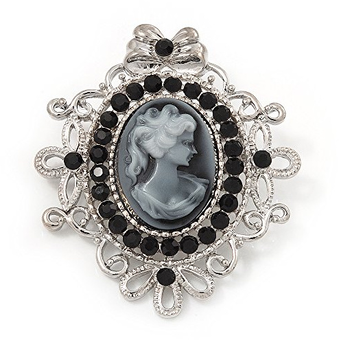 Spilla a forma di cammeo in filigrana con diamanti neri argentati, lunghezza 5,5 cm