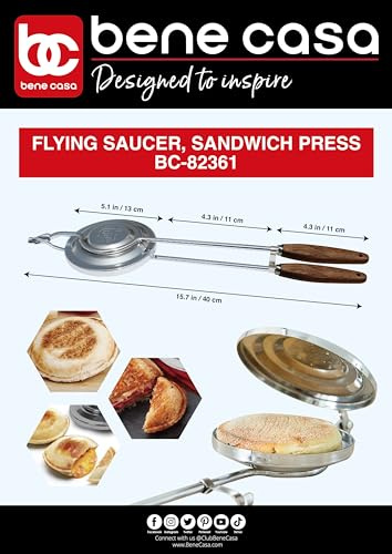 Bene Casa - Flying Saucer Sandwich Press with Heavy-Duty Natural Wooden Handles (16) - Ideal for Bonfire or Camping Cooking
