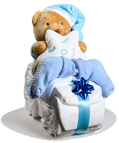 Windeltorte Junge in Blau – Motorrad mit Kuscheltier, Geschenk zur Geburt & Taufe – Handgefertigte Baby Windeltorte mit Windeln, Mullwindel & Glückwunschkarte
