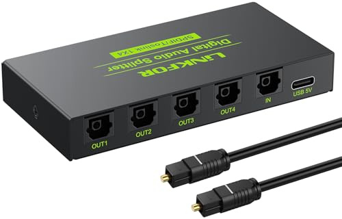 LiNKFOR Digital Optical Audio 1x4 Splitter Digital SPDIF Toslink Optical Fiber Audio Splitter 1 in 4 Out Aluminium Legierung mit optischem Kabel für PS3 Xbox Blue-Ray DVD HDTV 1 x 4 Splitter