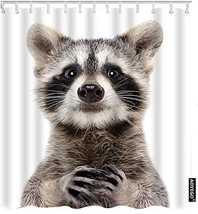 AOYEGO Cute Funny Raccoon Long Shower Curtain with Hooks Isolated Adorable Fluffy Funny Animal Portrait Fabric Shower Curtain Large Polyester 72x84 Inch for Bathrooms Bathtubs