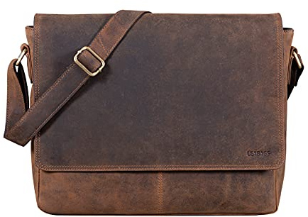 LEABAGS Oxford läderaxelväska I laptopväska upp till 15 tum I Messenger Bag gjord av äkta buffelläder i vintage look I axelväska I arbetsväska I 38 x 10 x 31 cm, Ko mörk brun jägare, 38x10x31 cm