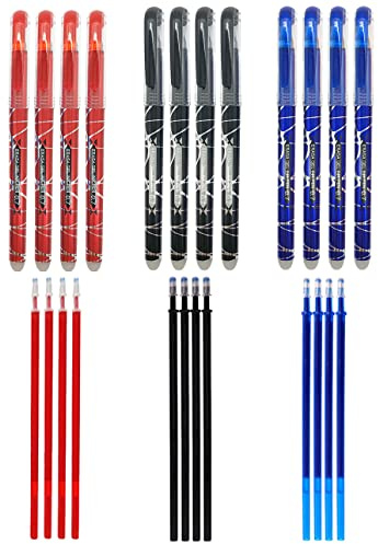 RHardware 12 bolígrafos de tinta negra, roja, azul, borrable de 0,7mm y 12 recambio de gel de bolígrafos, papelería escolar
