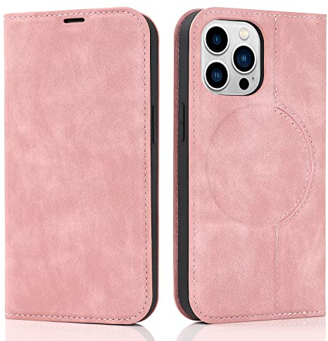 QLTYPRI Hülle für iPhone 12 Pro Max Kompatibel mit MagSafe, Ledertasche Handyhülle [RFID Schutz] Flip Case mit Kartenhalter Ständer Magnet Klapphülle für iPhone 12 Pro Max - Roségold