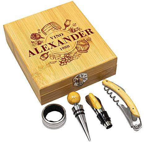 Geschenke 24 | personalisiertes Sommelier-Set (Vino) | Bambus-Holz | mit Wunschnamen oder Wunschdatum | verschließbar | mit 4-teiligem Zubehör | Dekogeschenk |