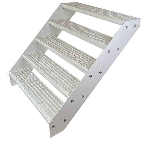 Premium Caillebotis acier Escalier à limon 5 Marches Entièrement galvanisé et Blanc Revêtu par poudre - Dimensions (L x l x H) 101cm x 60cm x 95cm