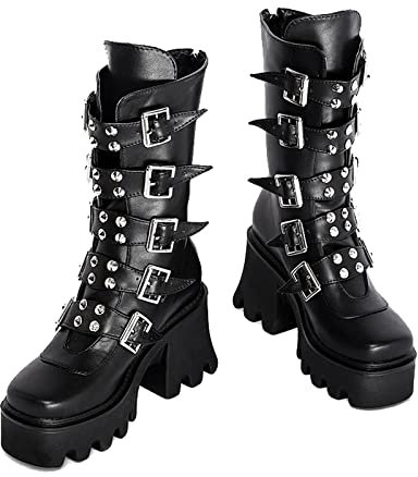 JIFAENY Kvinnor vinter svart gotisk punk plattform stövlar damer goth spänne dragkedja Creeper kilar Mid-Calf skor, svart, 42 EU