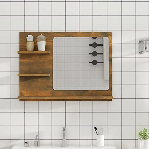 Keketa Wandspiegel mit Holzrahmen, Badezimmerspiegel mit Regal, Hängender Kosmetikspiegel, für Wohnzimmer und Badezimmer, Eiche Räucherholz 60x10,5x45 cm