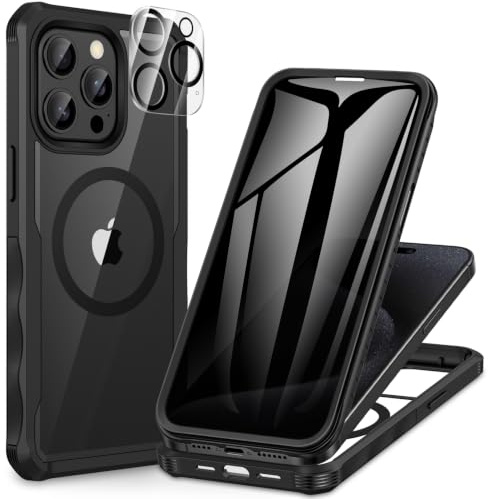 CENHUFO Magnetica Privacy Cover iPhone 15 Pro Max, [Compatibile con Magsafe] Integrata Vetro Temperato Anti Spia Schermo e Protezione Fotocamera, Custodia Antiurto 360 Gradi Doppia Faccia Case -Nero