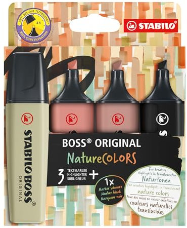 STABILO BOSS ORIGINAL - Evidenziatore - NatureCOLORS - Astuccio da 4 - Verde Oliva/Terra di Siena/Fava di Cacao/Nero