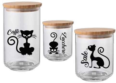 Set Tris Barattoli per Sale Zucchero Caffè con Gatti Confezione da 3 Contenitori Trasparenti In Vetro Personalizzati Con Coperchio Legno 2 700ml 1 900ml Idea Regalo Arredo Decorazioni Casa Cucina