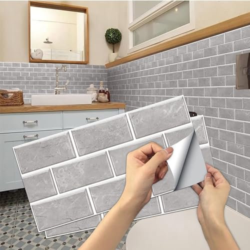 24 Sheets Grey Tile Stickers, Peel and Stick Vinyl Backsplash Tiles Self Adhesive Waterproof Oilproof Tiles Retro Style DIY Home Decor for Kitchen Bathroom