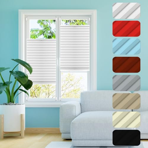 Plissee Rollo Jalousie 70 x 200 cm Klemmfix - Sonnen- und Sichtschutz Plissee Ohne Bohren Nach Maß 60 Sekunden Plisseerollo Montage für Fenster nach Maß, Weiß