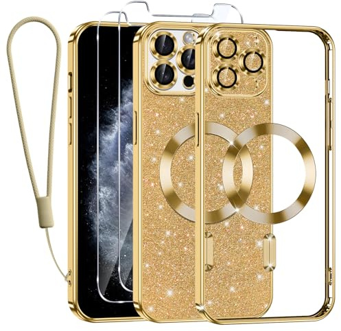 Kokio Handykette für iPhone 11 Pro Hülle mit Band, [Kompatibel mit MagSafe] Glitzer Magnetisch Handyhülle für iPhone 11 Pro mit 2 Stück Schutzfolie Stoßfeste Silikon Schutzhülle, Gold