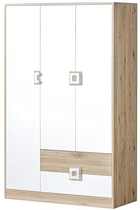 MINIO go for it - Kleiderschrank Nimes Schrank mit Türen und Schubladen | B:120x H:190 x T:50 cm, Kleiderschränke mit 1 Kleiderstange, Kleiderschrank Weiß / Eiche Hell