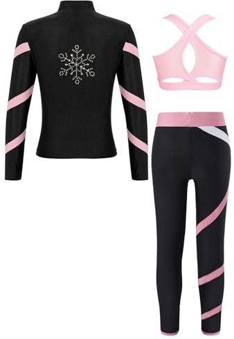 Alvivi Mädchen Trainingsanzug Eiskunstlauf Anzug Langarm Sweatjacke Sweatshirt + Sport BH Tops + Hose Sport Leggings Eislaufen Tanz Yoga Sport Set Rosa 158-164