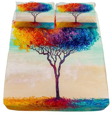 3D Spannbettlaken öLgemäLde Bunte BäUme Bettlaken Weiches Atmungsaktiv Spannbetttücher Mikrofaser Spannbetttuch Tiefe Tasche 30 cm Mit 2 Kissenbezügen 80x80 cm 160x200cm