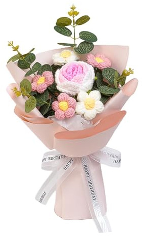Bouquet di Fiori All'uncinetto Fiore Lavorato a Maglia Fiori Artificiali Completati Fiore Lavorato a Maglia per La Festa Degli Insegnanti, Mamma, Fida, ROSA