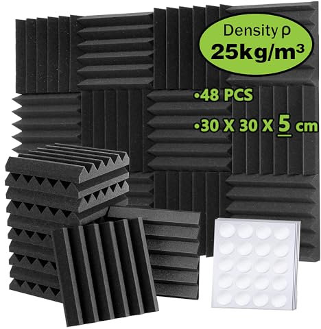 Mousse Acoustique, Foneso 30 x 30 x 5 cm (Densité :25 kg/m³) Mur Insonorisant 3D Haute Densité, Matériaux d'Insonorisation pour Salles d'Enregistrement et Bureaux (Noir, 48 Morceaux)