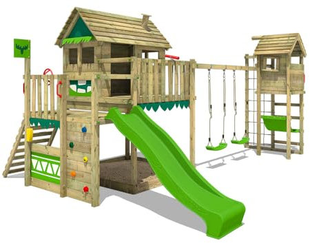 FATMOOSE Spielturm Klettergerüst MightyMansion Move XXL mit TowerSwing, Schaukel & apfelgrüner Rutsche, Outdoor Kinder Kletterturm mit Sandkasten Leiter & Spiel-Zubehör für den Garten