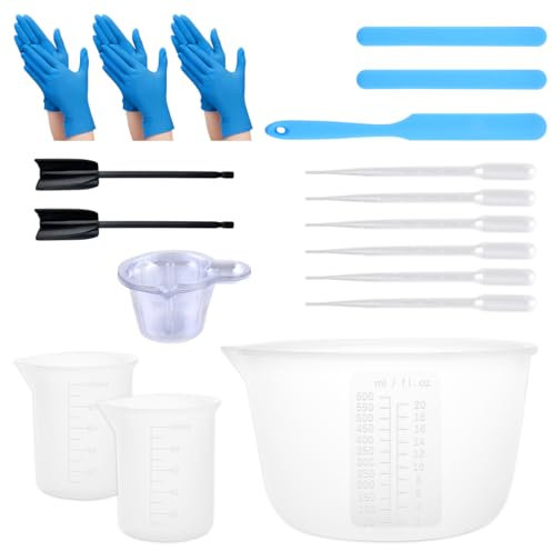YOPEUC 29 Stück Silikon Messbecher Set,600&100ml Harz Mischbecher,Rührstäbchen, Silikonspatel, Mischpaddel, Dosierbecher, Pipetten, Handschuhe von Epoxidharzr,Leicht zu Reinigen,Labor Silikonbeche