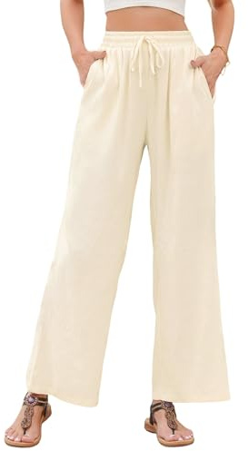 Stamain dambyxor breda sommar muslin palazzobyxor hög midja rakt skurna tygbyxor med fickor, Beige, L