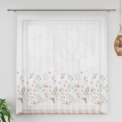 Gardinen Vorhangen Mehrfarbig 250x155 cm (BxH) Moss Voile Blumen Vögel Muster Kurz Gardinen mit Kräuselband und Bleiband Wohnzimmer Schlafzimmer Gardinenschals Fenstergardinen Küchengardine