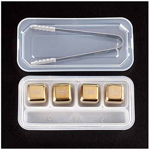 QTANZIQI Whiskey-Steine, goldene Eiswürfel aus Edelstahl, Wiederverwendbare Kühlsteine ​​aus Metall und zusätzliche Zange, Set für Männer, Vater, Freund, 4 Whiskey-Steine