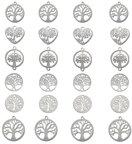 TOAOB 1 scatola 24 pezzi Ciondolo In Argento Albero Della Vita Ciondolo Pendenti In Lega Rotonda In Metallo Cuore Portafortuna Pendenti per Collane Gioielli Bomboniere Fai da te Portachiavi