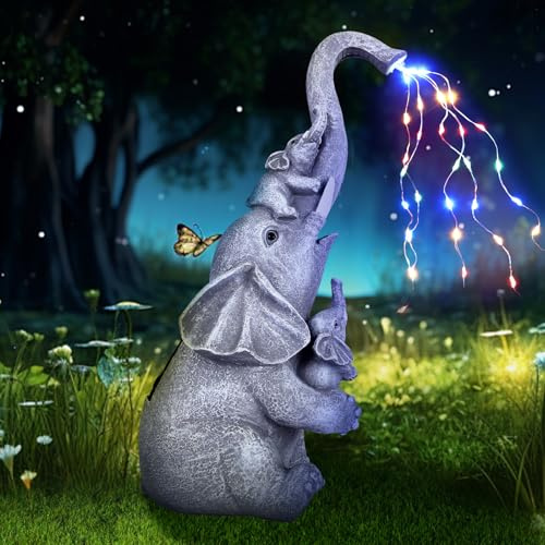 Elephant Statue Garden Decoration, Watering Elephant Figure Solar Powered LED Lights, Outdoor Garden Ornaments Waterproof Animal Resin Sculptures for Patio Yard Lawn, Gifts for Mum (13.8 Inch/ 35 cm)