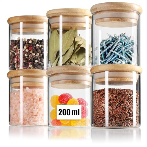 com-four® 6x Vorratsgläser mit Bambus-Deckel 200ml, Gewürzgläser | Wiederverwendbare Runddosen 0,2L - Kompakte Glasdosen für Gewürze - Kräuter - Nüsse & Snacks