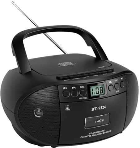 FHRKA CD Player Boombox and Cassette Player, Portable Bluetooth Speaker Music Player with Remote, Battery Operated or AC Powered white (Black)