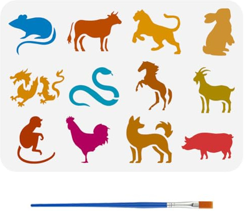 FINGERINSPIRE Schablonen Mit Zwölf Chinesischen Tierkreiszeichen Tiersilhouetten Schablonen Mit Pinsel 29.7x21cm Schablonen Für Ratten Ochsen Tiger Drachen Schlangen Pferde Orientalisches Schablone