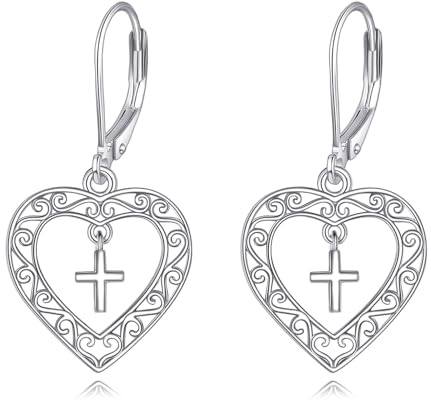 Korsörhängen för kvinnor hjärta kors örhängen i 925 sterling silver religiösa smycken för kvinnor, Silver