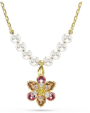 Swarovski Collier pendentif de la collection Idyllia, design fleur, perles de cristal, cristaux de tailles variées multicolores, dans un placage de ton or